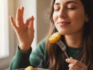 una donna con occhi chiusi mentre mangia patata al forno