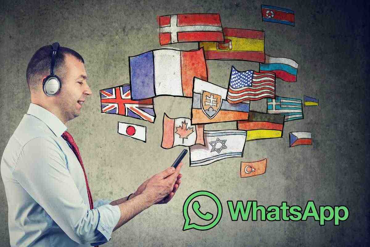 uomo con cellulare, bandiere varie e logo whatsapp
