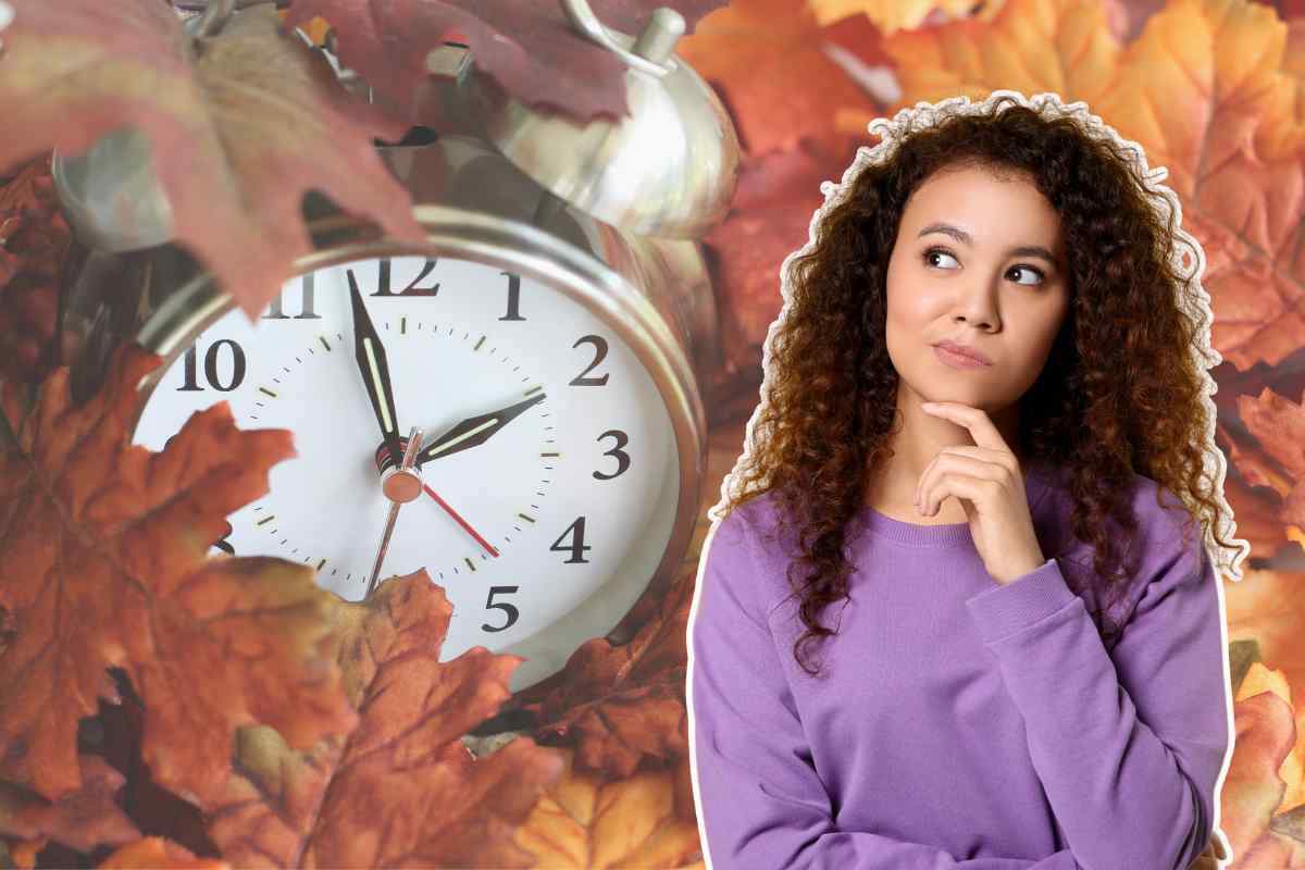 ragazza pensierosa, orologio e foglie autunnali