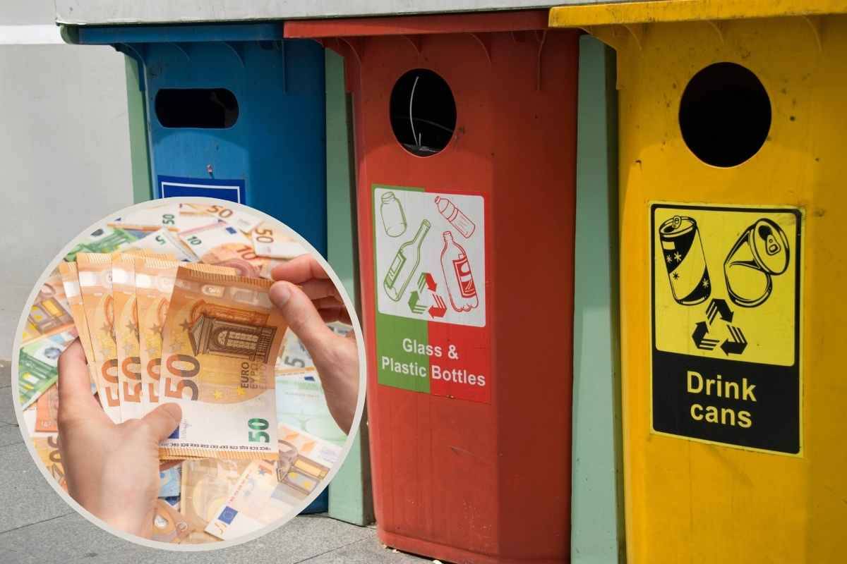 cassonetti spazzatura e banconote nel riquadro