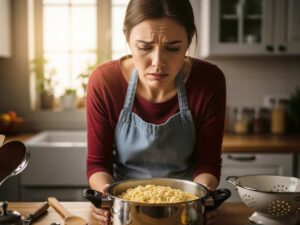 donna delusa per aver notato la pasta scotta in pentola