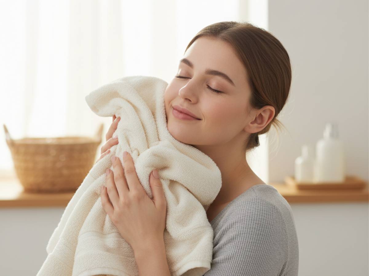 donna con asciugamano sul viso