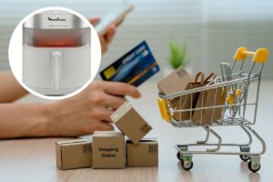 carrello e pacchi in miniatura carta di credito e friggitrice ad aria