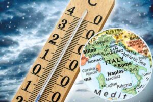 termometro per temperatura e cartina dell'Italia nel riquadro