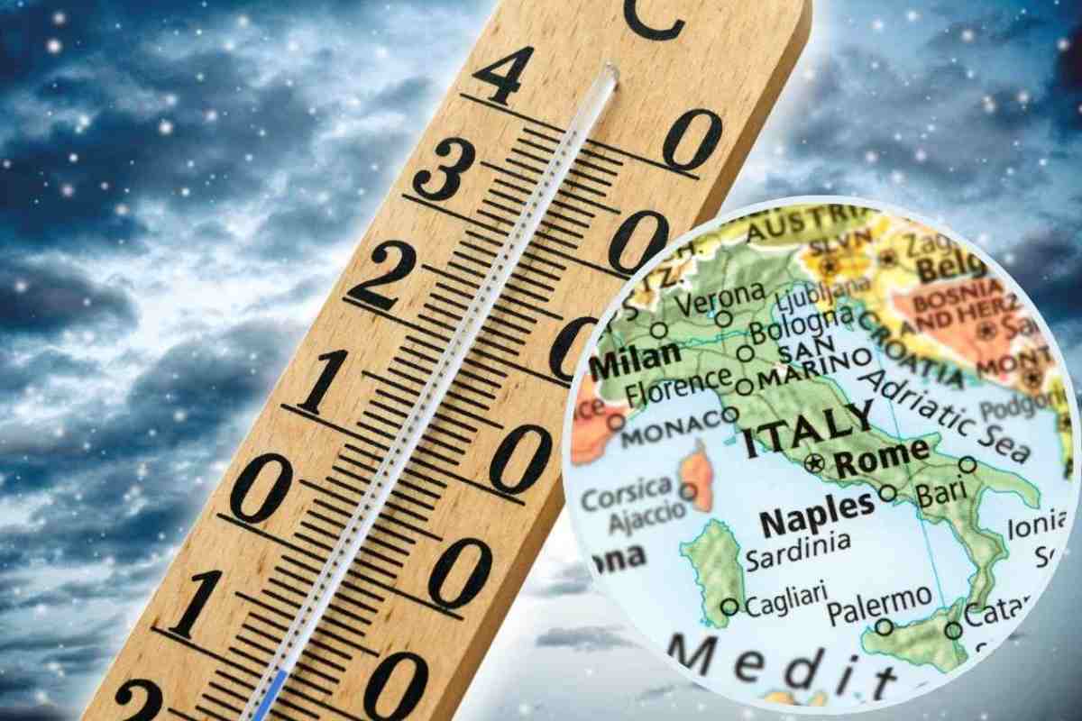 termometro per temperatura e cartina dell'Italia nel riquadro