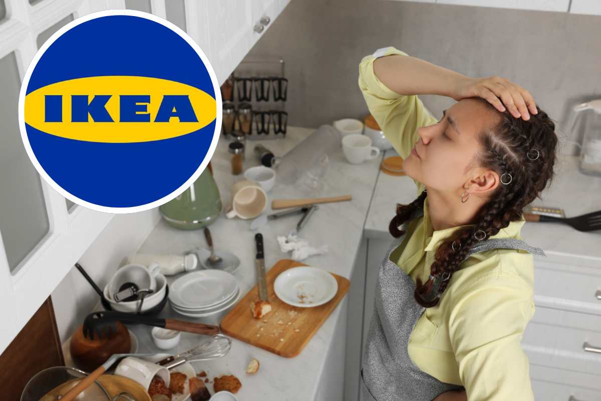 donna in una cucina in disordine e logo Ikea