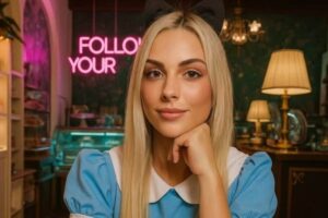 donna vestita come alice nel paese delle meraviglie dentro ad un locale