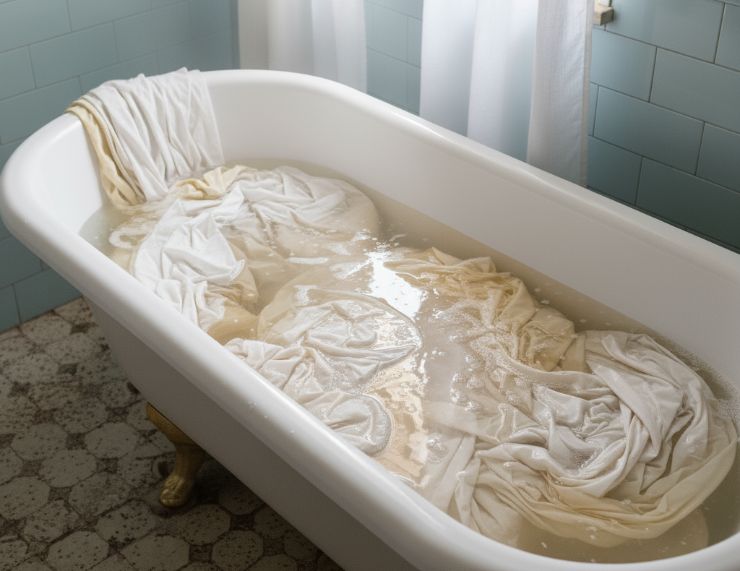 una vasca con acqua calda contenente tende ingiallite